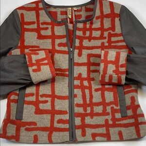 209 Abstract Zip Jacket Size 8 Women’s Gray Red Linen Blend Artwear Coat